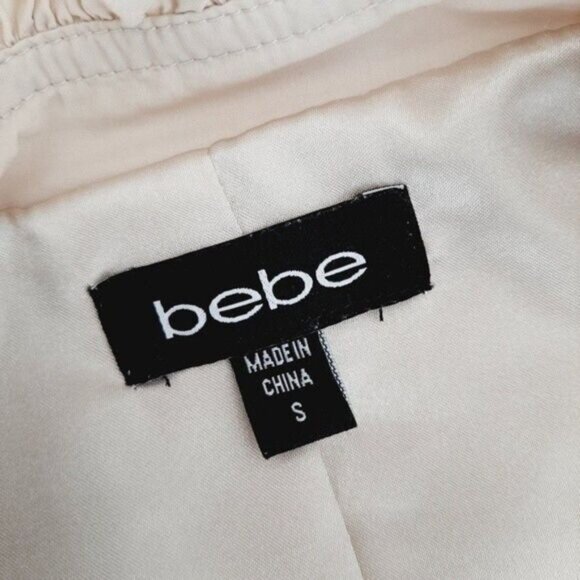 BEBE Light Short Coat Jacket w Ruffle Details Beige Sz S Flawed - Picture 14 of 15